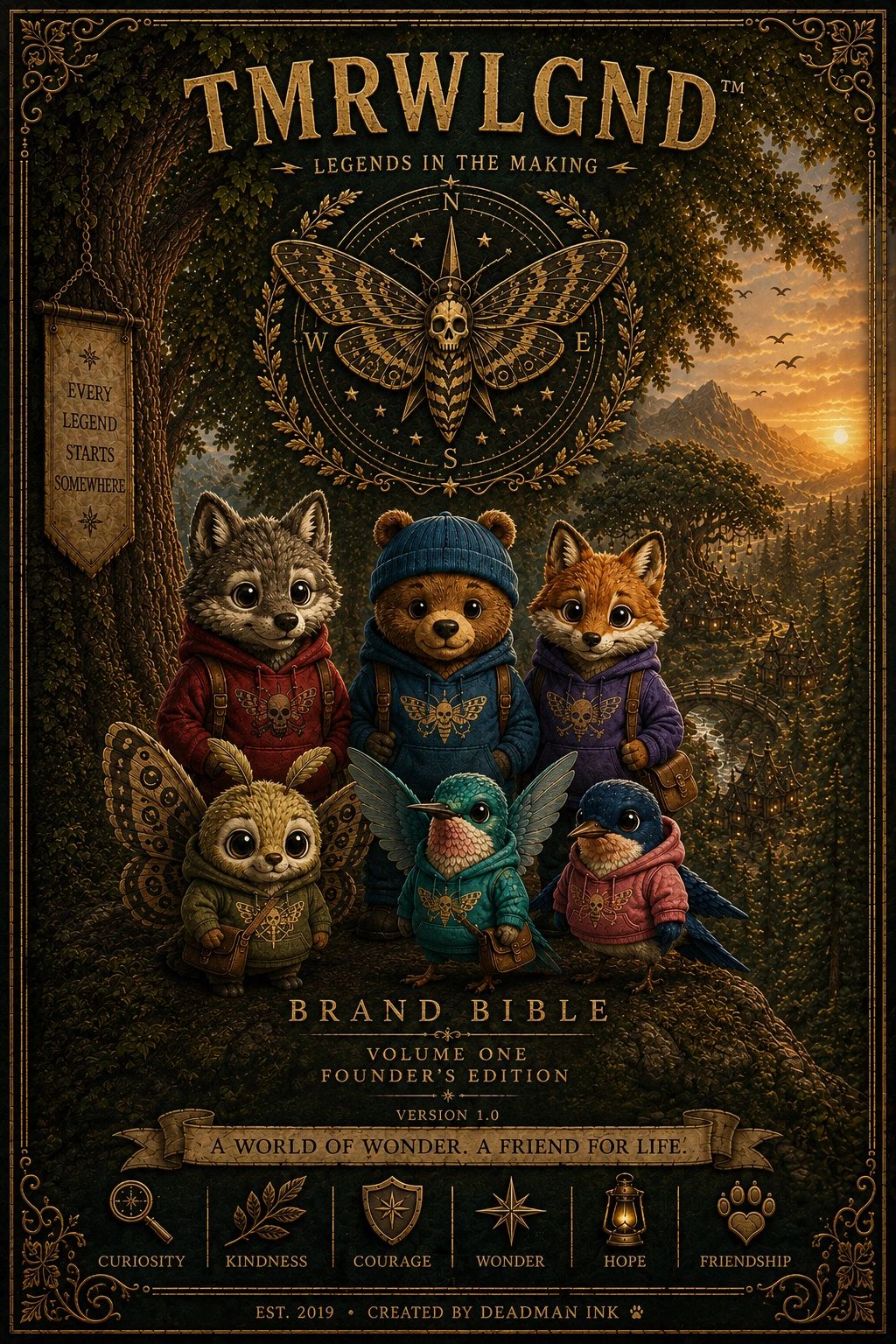 Cute animal characters with hoodies in a magical forest setting.
