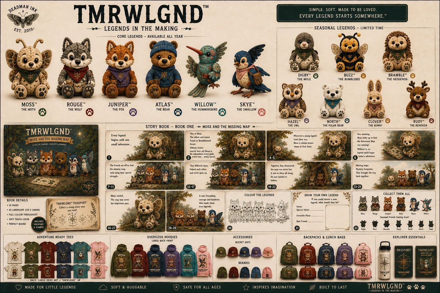 TMRWLGND plush toy collection with storybook and apparel.