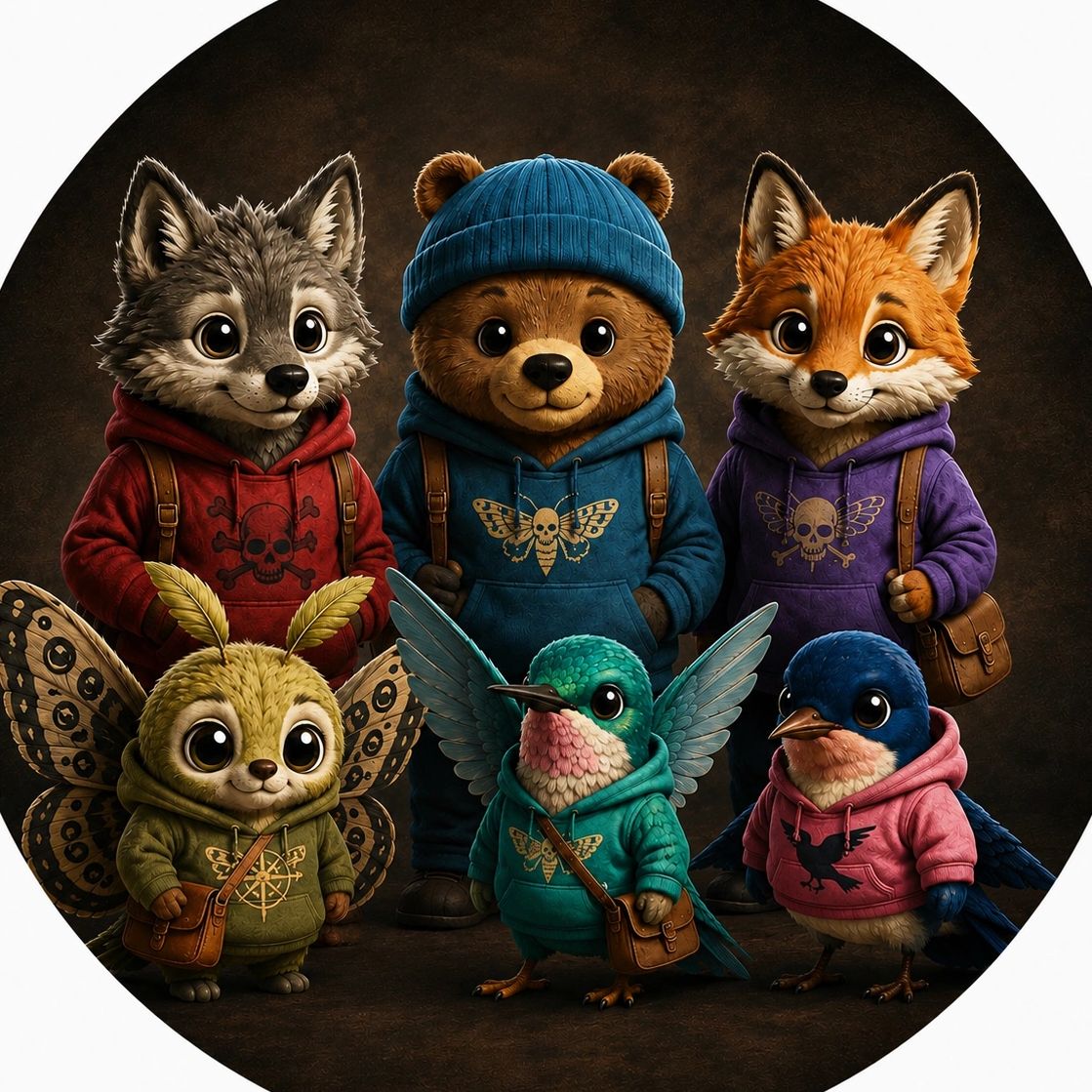 Cute animals in hoodies pose together.