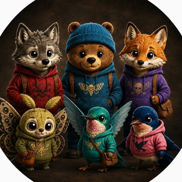 Cute animals in colorful hoodies with backpacks.