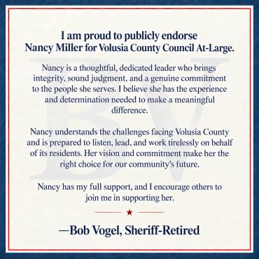Endorsement for Nancy Miller by Bob Vogel, Sheriff-Retired.