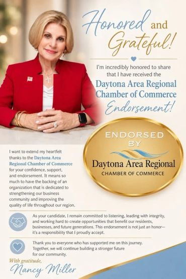 Woman expressing gratitude for the Daytona Area Regional Chamber of Commerce endorsement.