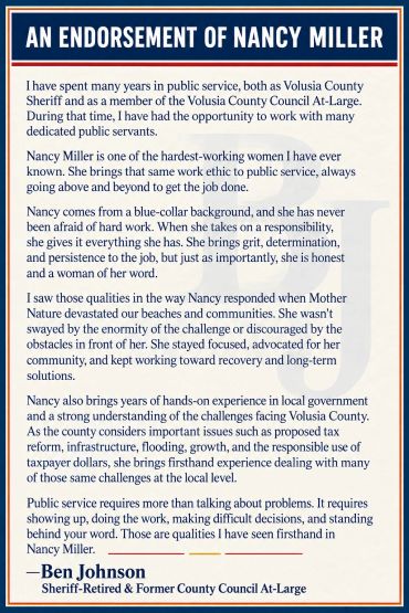 Endorsement of Nancy Miller for public service by Ben Johnson.