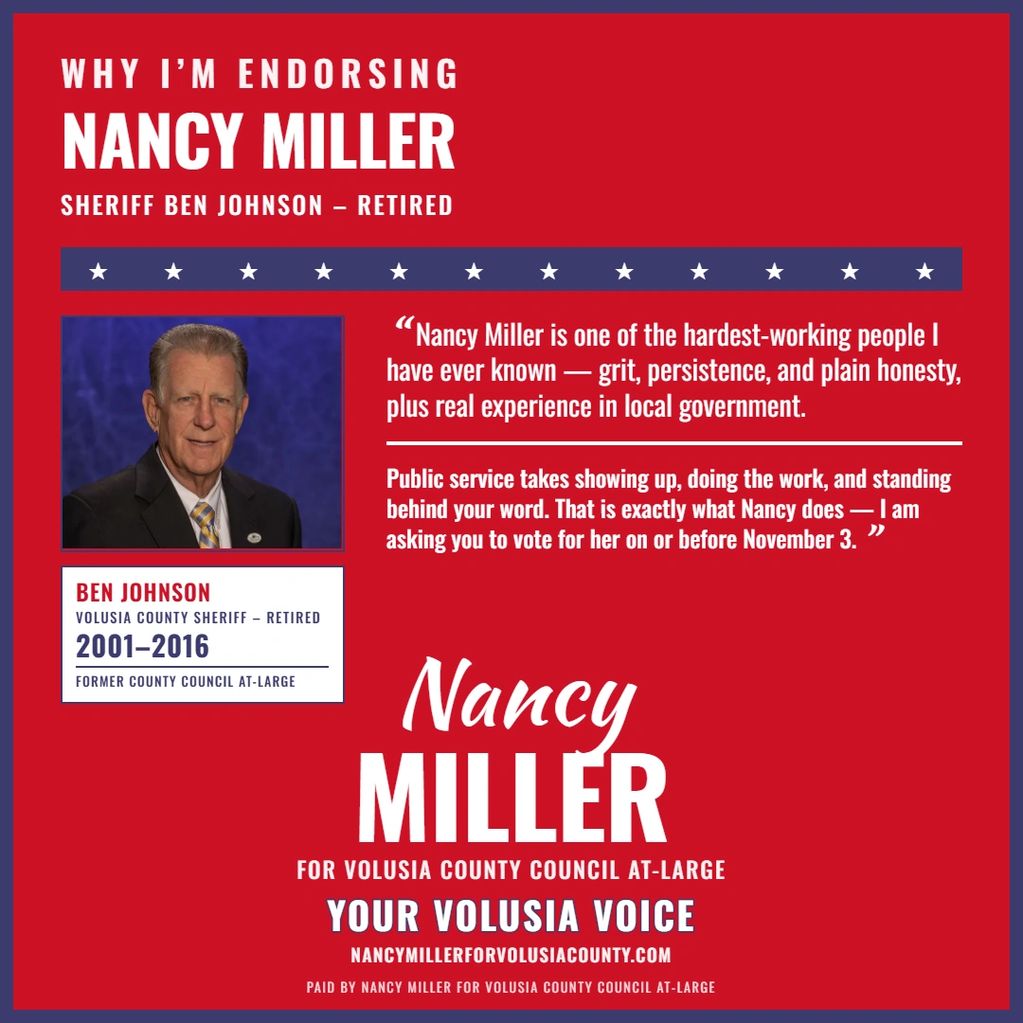 Endorsement of Nancy Miller by retired Sheriff Ben Johnson.