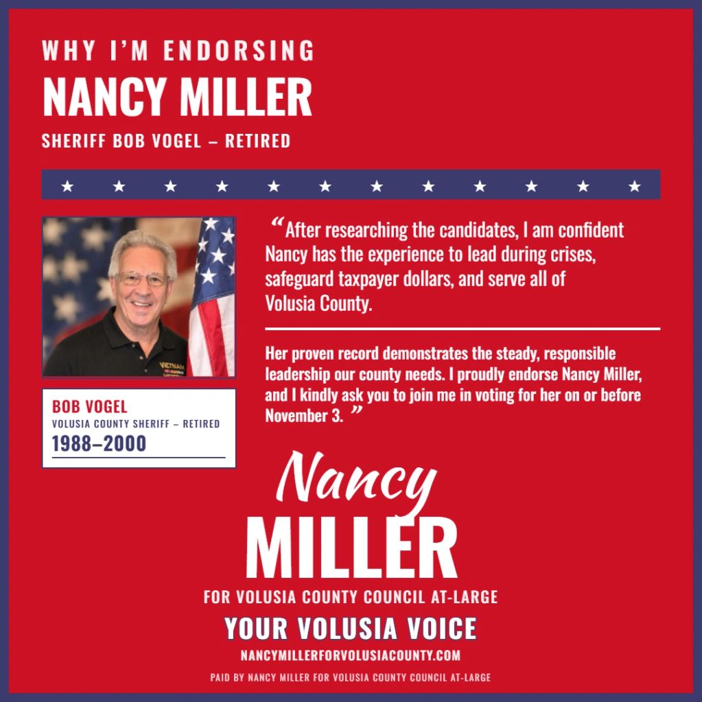 Endorsement for Nancy Miller by retired Sheriff Bob Vogel.