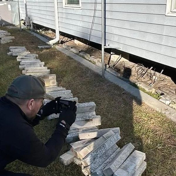 A man taking a picture of a mobile home with a mobile home in the background .