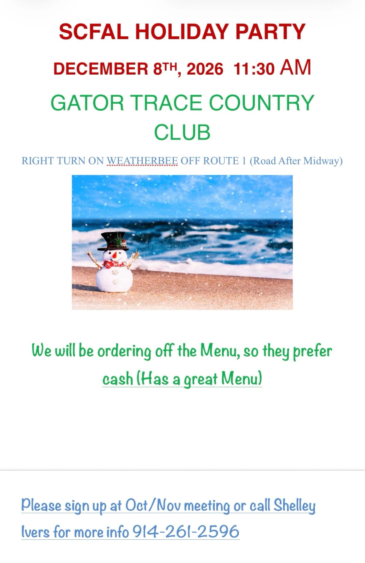 Flyer for SCFAL Holiday Party on Dec 8, 2026 at Gator Trace Country Club.