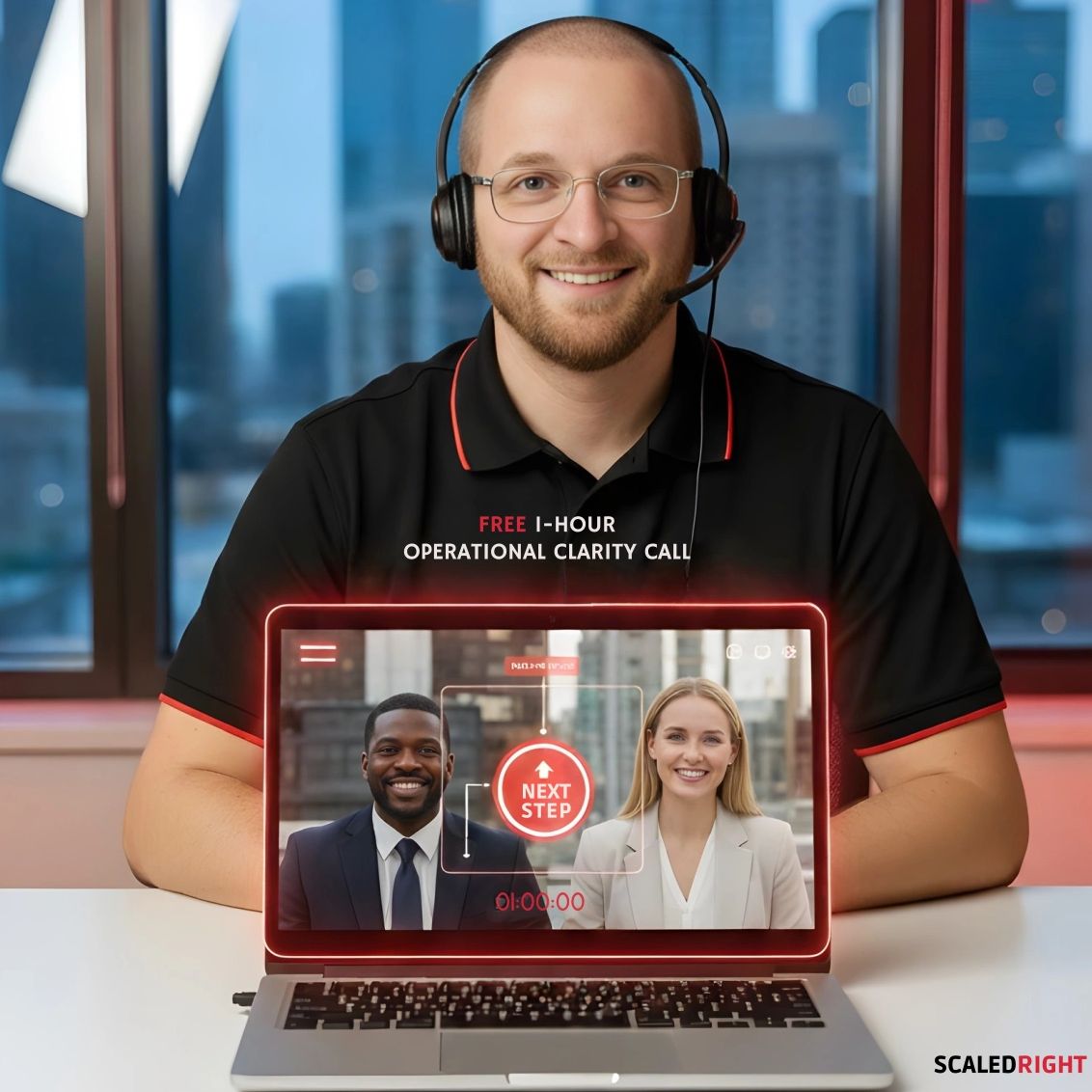 ScaledRight expert on video call with laptop showing 'Next Step' client session.