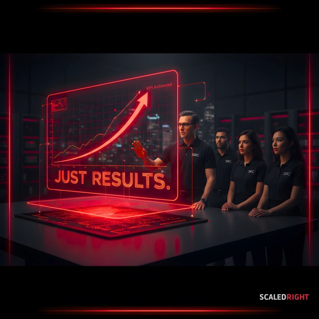 High-performance dashboard showing KPI growth and ScaledRight team focus on execution.
