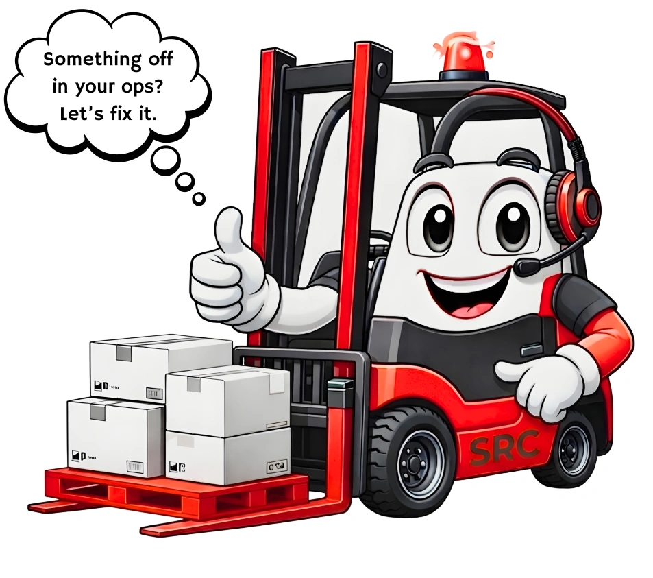 Forklift mascot moving palletized boxes, symbolizing efficient DTC ecommerce operations and flow