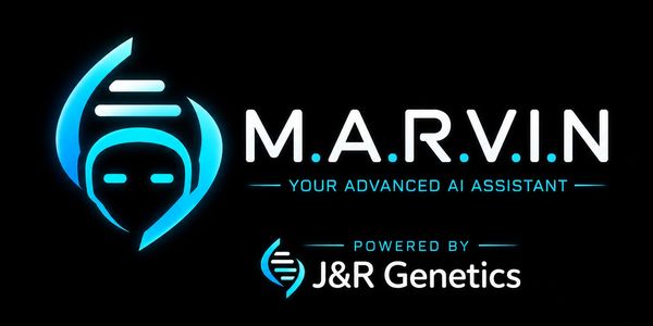 Logo of M.A.R.V.I.N, an advanced AI assistant powered by J&amp;R Genetics.