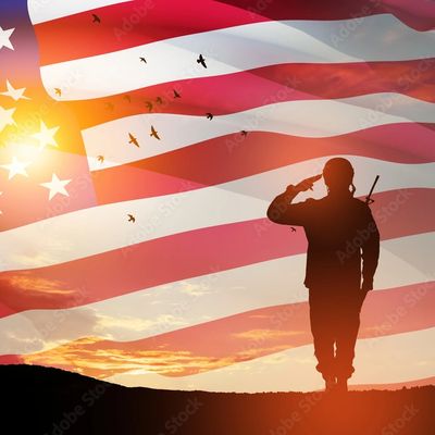 Silhouette of a soldier saluting against a sunset with the American flag overlay.