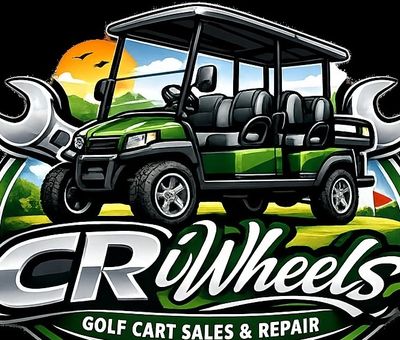 Logo of a green golf cart with tools, for CR Wheels sales and repair.