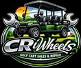 Logo of CR Wheels Golf Cart Sales &amp; Repair with a stylish golf cart illustration.