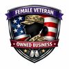 Emblem of a female veteran-owned business featuring a helmet and American flag.