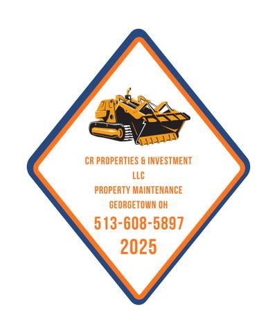 Logo for CR Properties &amp; Investment LLC with construction equipment and contact info.