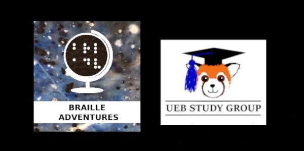 Braille Adventures' logo of a globe and UEB Study Group's logo of a red panda in a grad cap. 