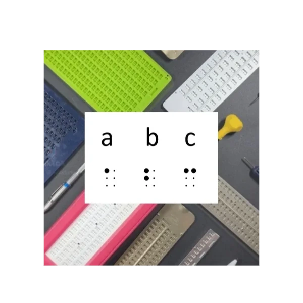 8 different types of braille slates and in print and in SimBraille it says, "abc."