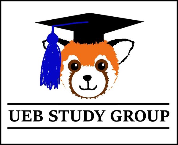 Logo for the UEB Study Group. It is a cartoon red panda wearing a black graduation cap.