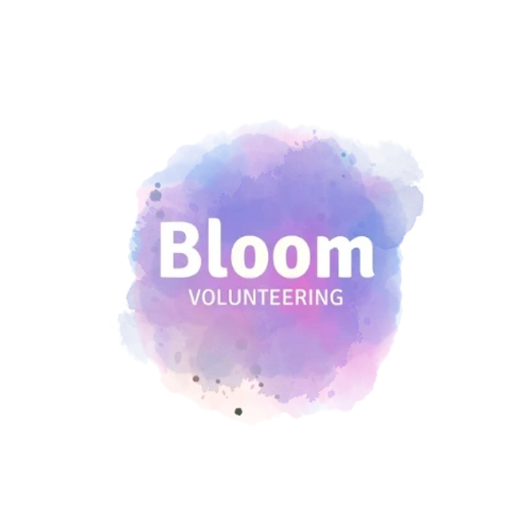 Bloom volunteering, is a logo with with white bold writing and a splash of colours behind it
