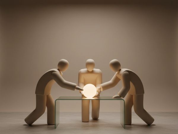 Three stylized figures examining a glowing orb on a glass table under soft lighting.