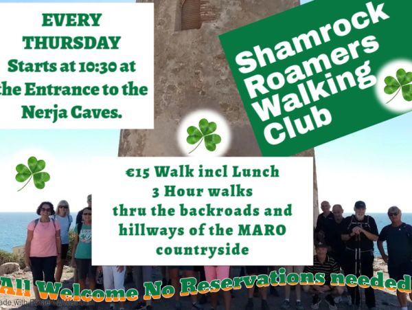 Anuncio del Shamrock Roamers Walking Club con detalles sobre la caminata.