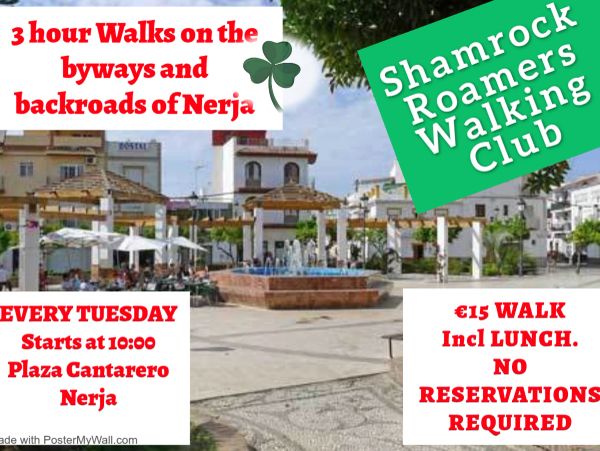 Anuncio de caminatas de 3 horas en Nerja por Shamrock Roamers Walking Club.