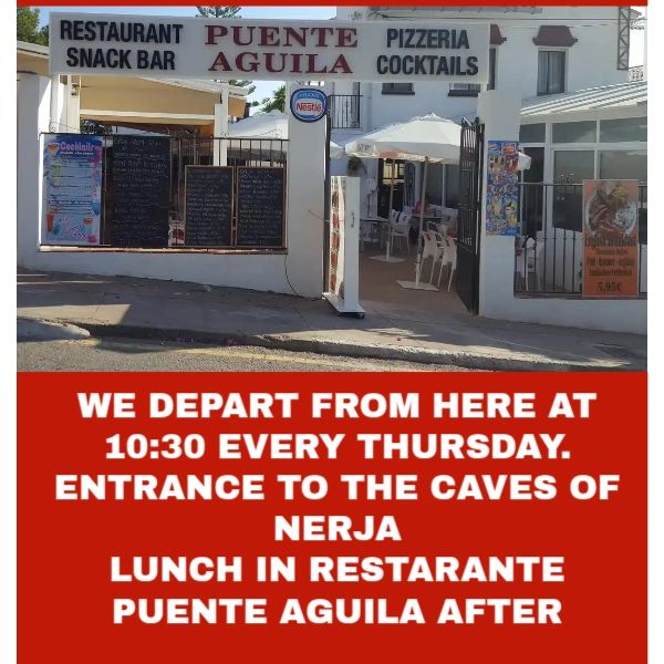 Entrada del restaurante Puente Aguila con anuncio de excursión.