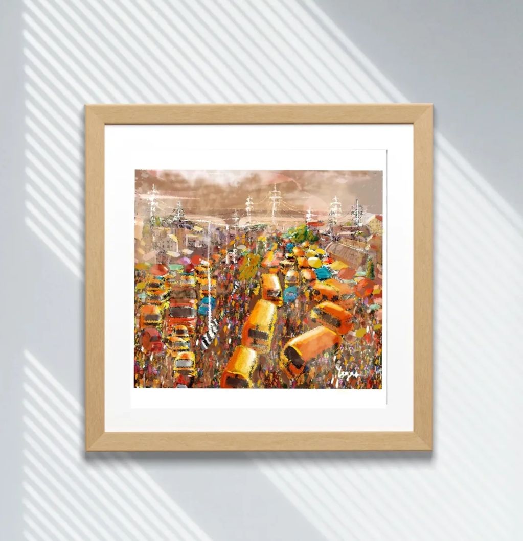 Framed artwork depicting a busy street scene with vibrant colors and heavy traffic.