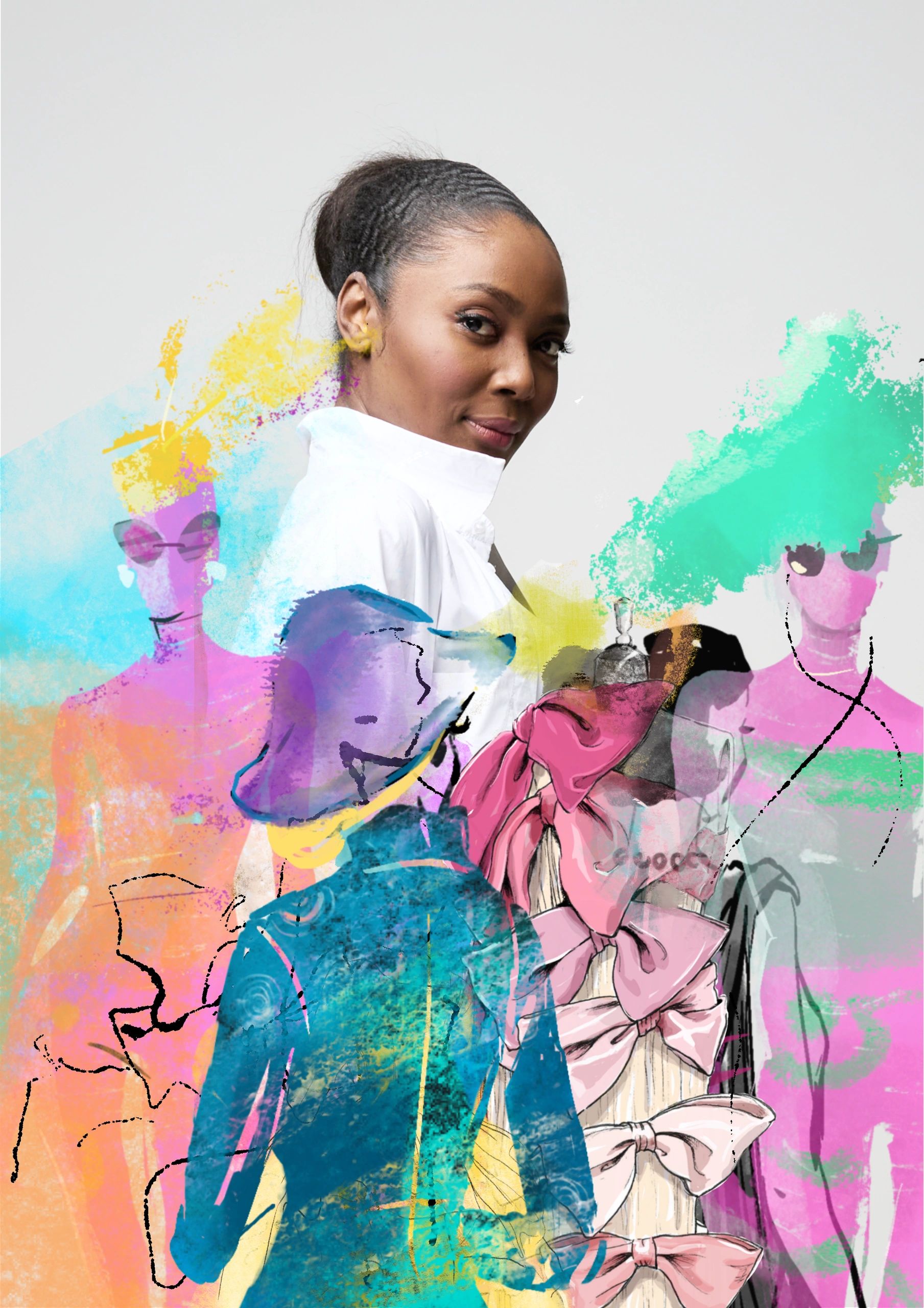 Woman surrounded by colorful fashion illustrations.