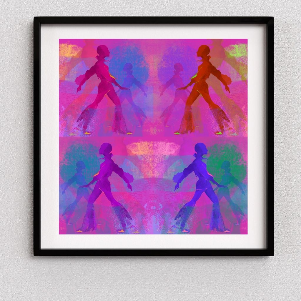 Vibrant pop art featuring mirrored silhouettes in bold pink, purple, and blue hues.