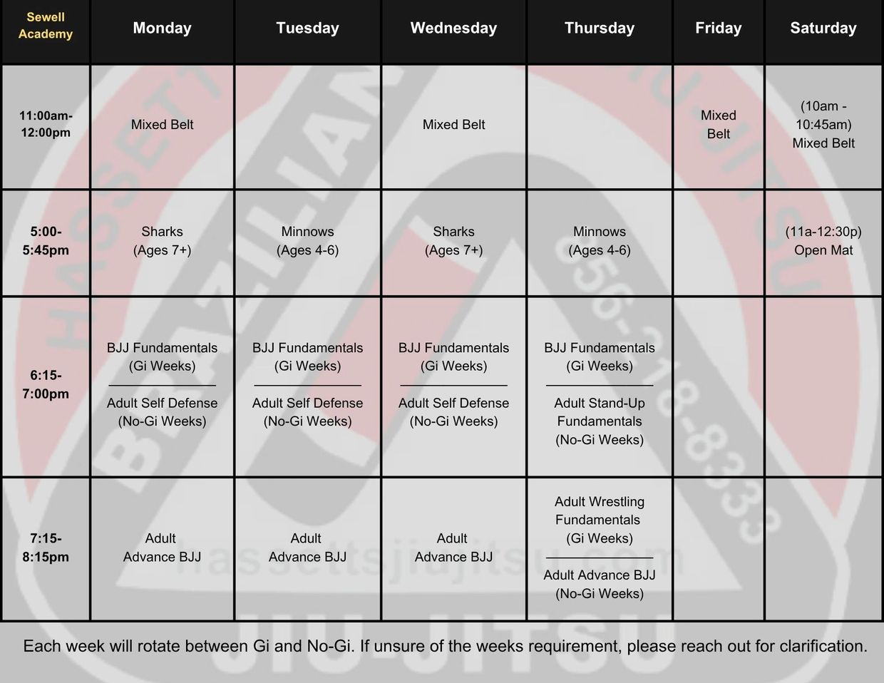 Weekly Sewell Academy class schedule for mixed martial arts and self-defense.