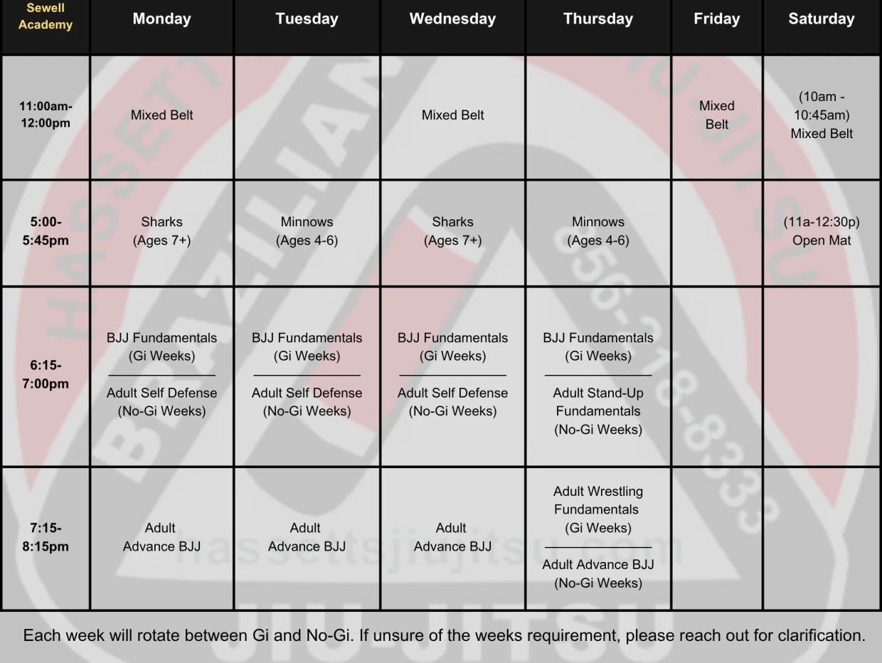 Weekly Sewell Academy class schedule for mixed martial arts and self-defense.