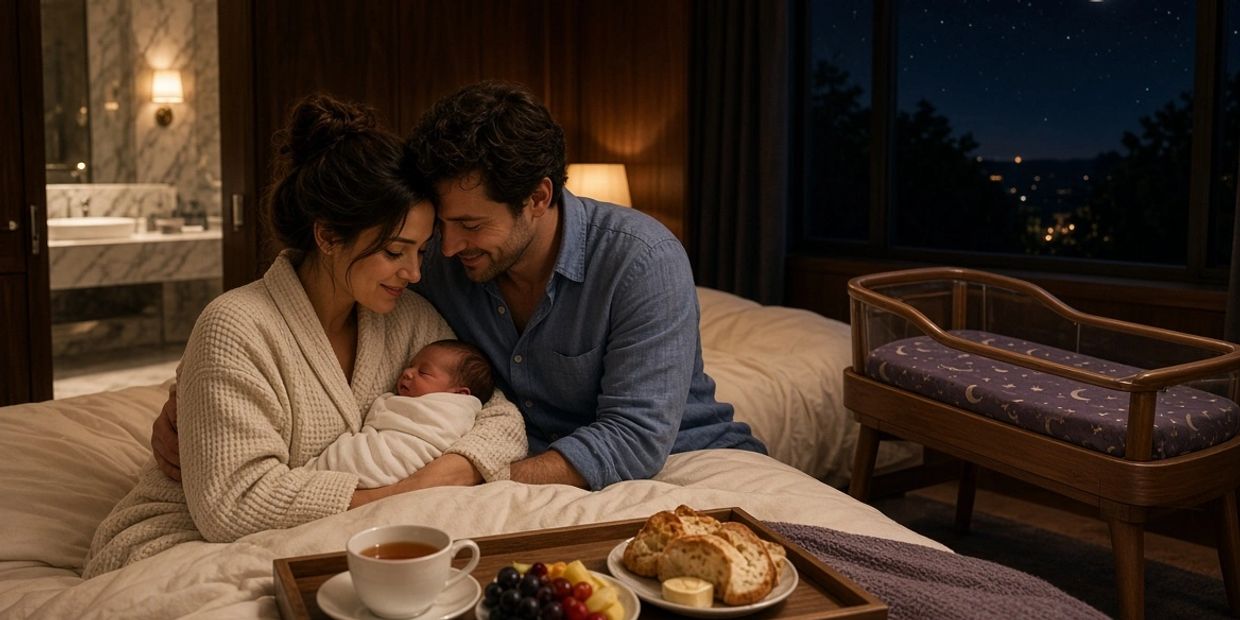 Parents lovingly holding their newborn in bed at night.
