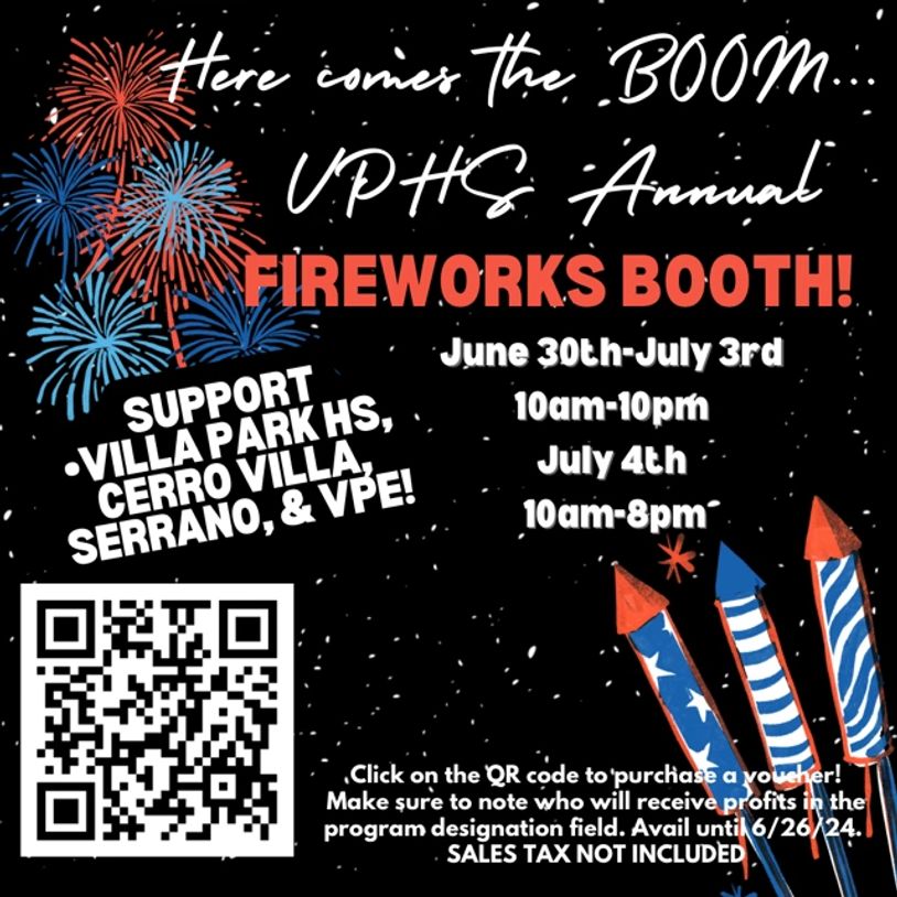 VPHS Annual Fireworks Booth fundraiser with QR code for purchase.