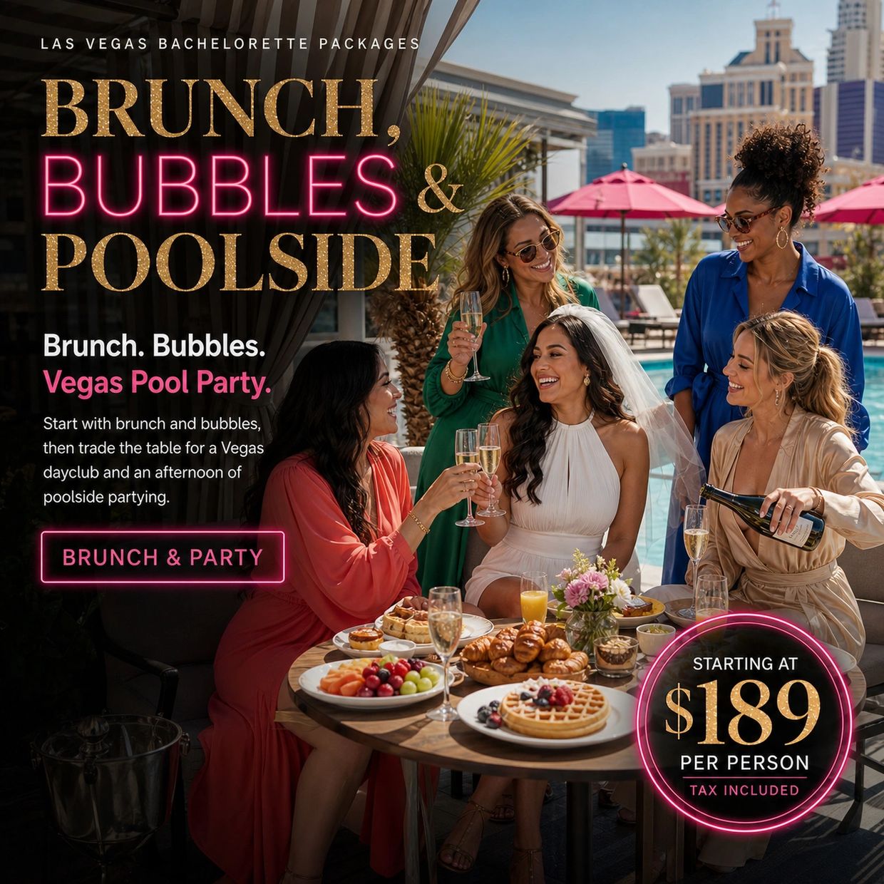 Group enjoying brunch and champagne poolside in Las Vegas.