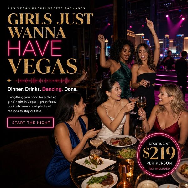 Women enjoying a Las Vegas bachelorette night with dinner and drinks.
