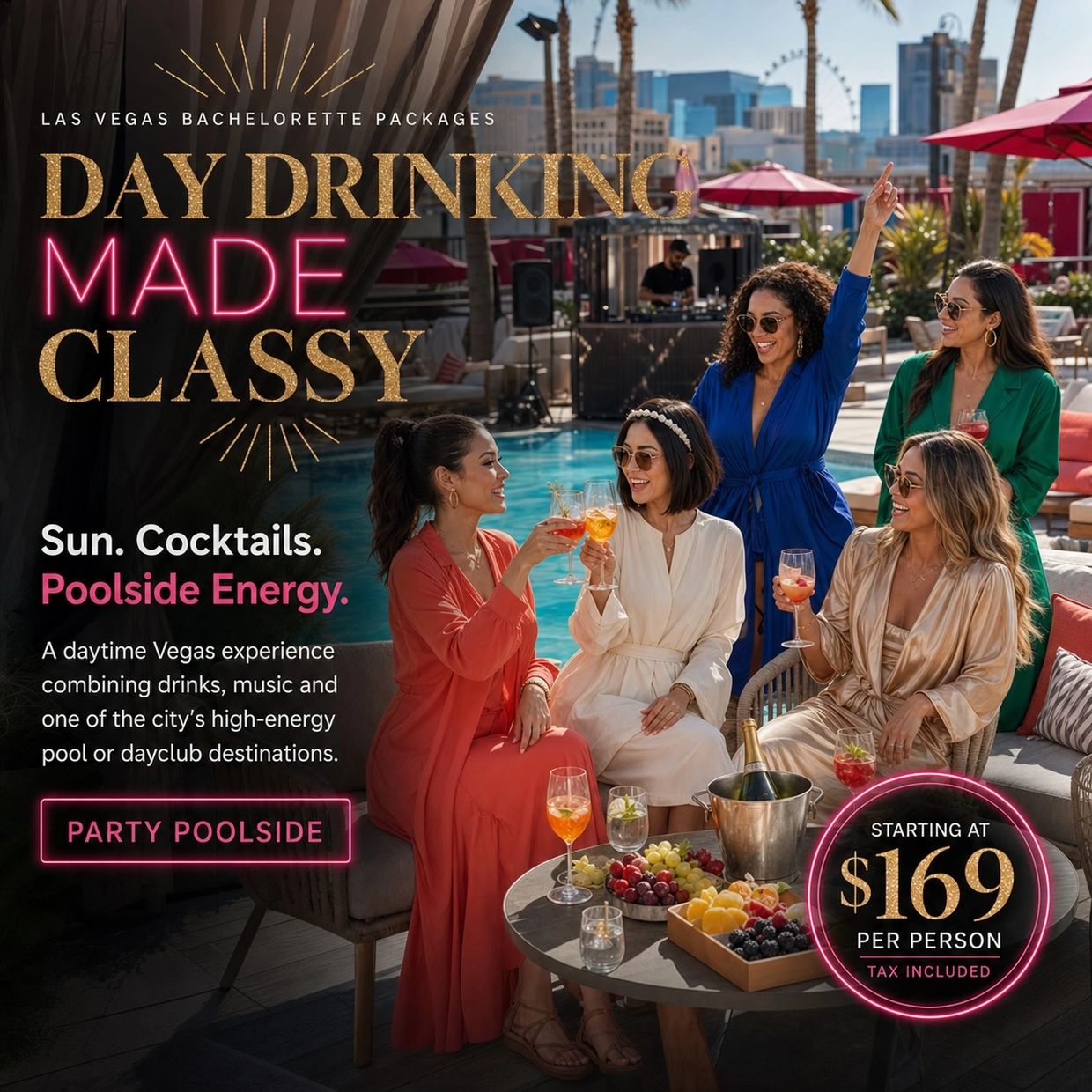 Group of women enjoying day drinking by the pool in Las Vegas.