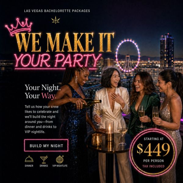 Group of women celebrating with drinks in Las Vegas at night.