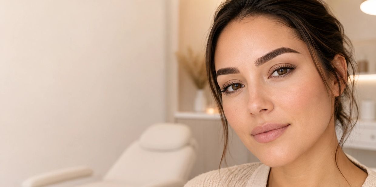 Close-up of a woman with natural makeup in a serene spa setting.