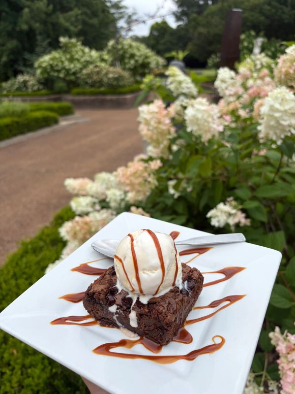 Brownie with vanilla ice cream and caramel drizzle on a white plate.