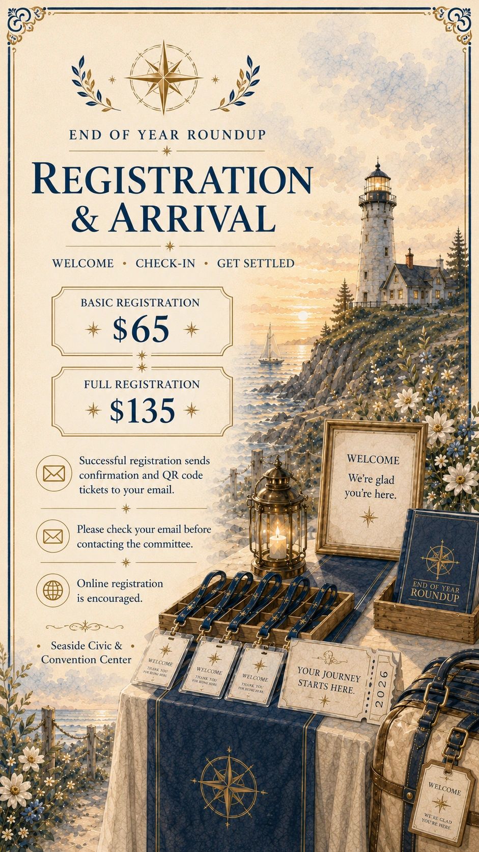 End of Year Roundup registration details with a coastal lighthouse theme.