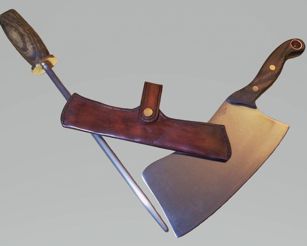 CMB Knives W1 High Carbon Steel Butchers Cleaver w/honing rod and custom CMB Knives Leather Sheath