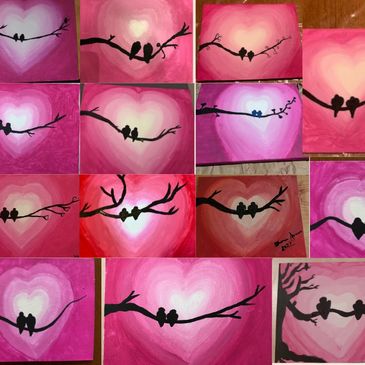 A collection of paintings, all featuring black birds against a pink heart background.