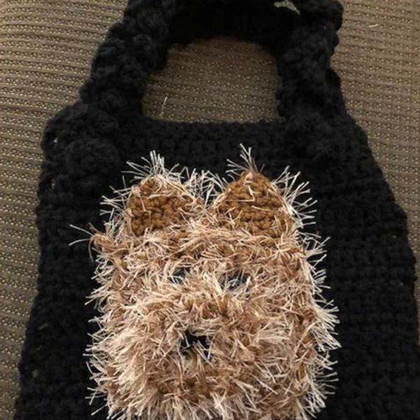 A bag made from yarn with a brown dog's face on the front.