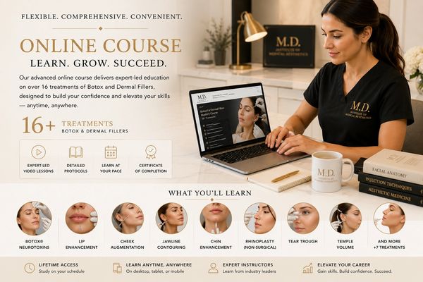 Online course for Botox and dermal filler treatments with flexible learning.