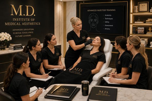 Medical aesthetics training session with instructor demonstrating injection techniques.