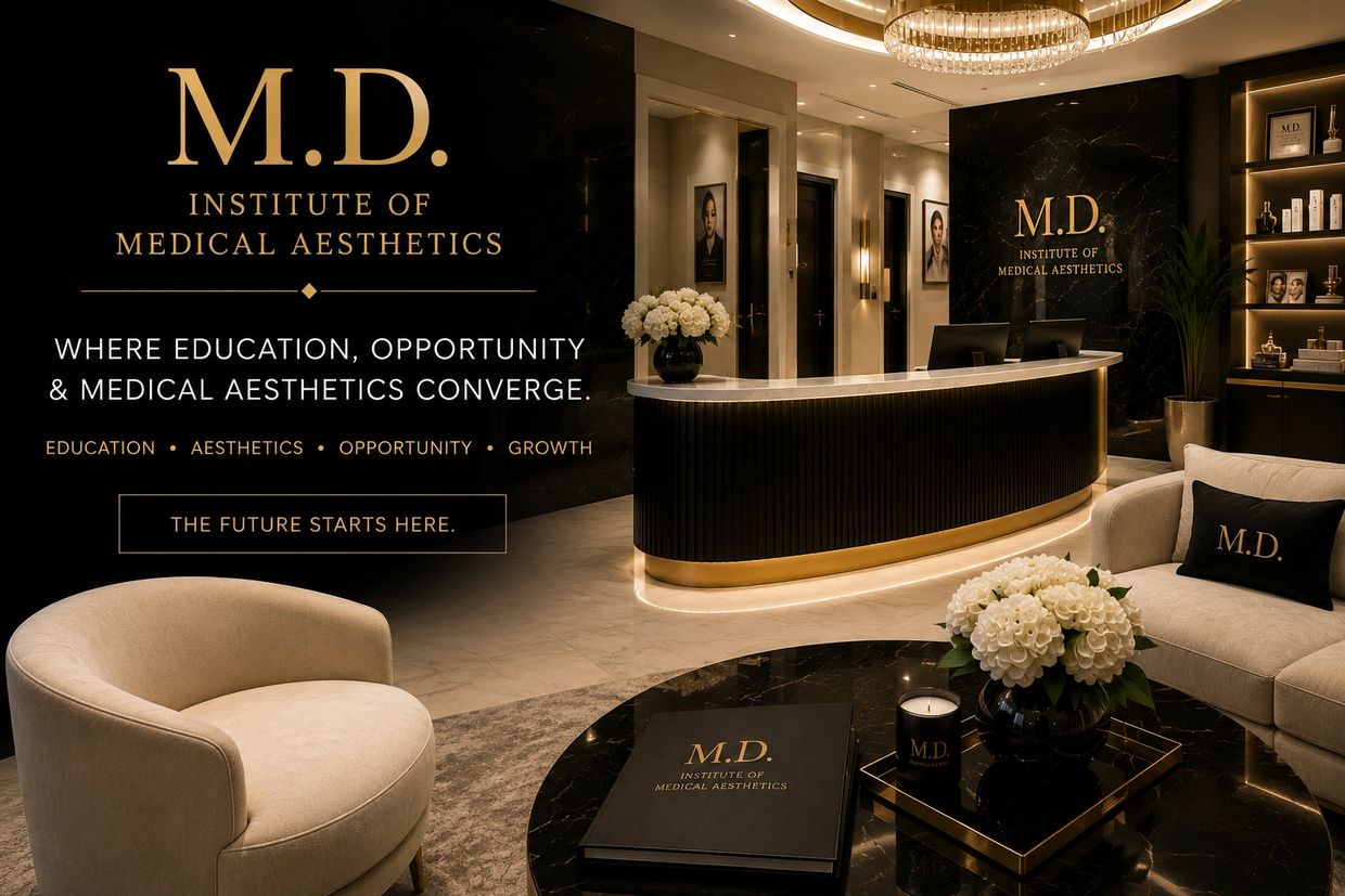 Elegant reception area of M.D. Institute of Medical Aesthetics with luxurious decor and branded elements.
