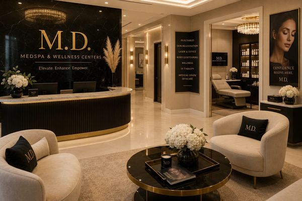 Luxurious medspa waiting area with elegant decor and comfortable seating.