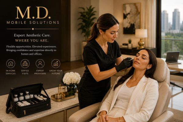 Aesthetic expert provides mobile skincare treatment in a stylish home office.